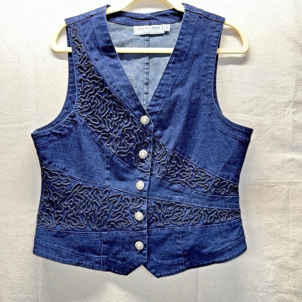 Howard Wolf Denim Vest Womens Size 10 Blue Soutache Embroidered Western Boho Vtg